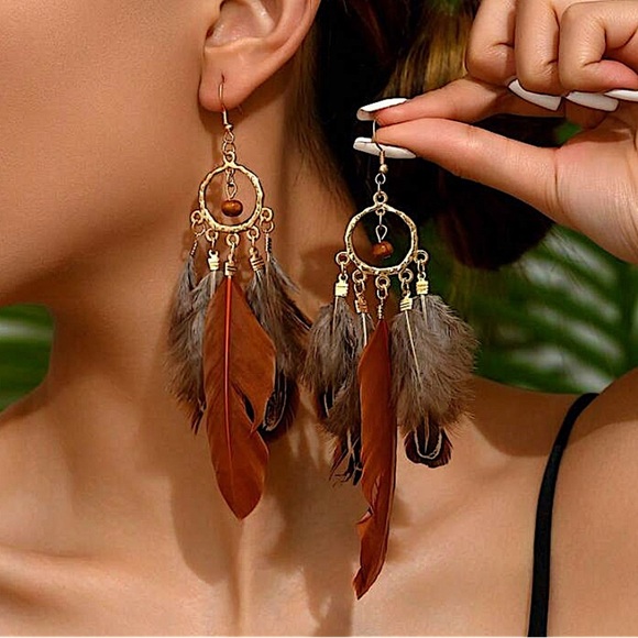 Bohemian Handmade Feather Dangle Earrings, Tribal Design, Western, Boho, Fr… - Picture 1 of 4